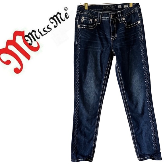 Miss Me Slim Boyfriend ankle with Aztec design embroidered Jeans - Picture 2 of 12